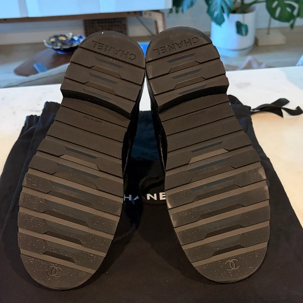 CHANEL Black Quilted Lace-Up Combat Boots with Gold Hardware. Size 39